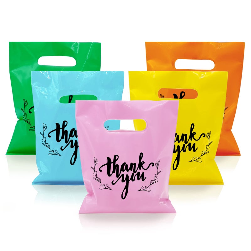 KEEPARTY 100 PCS Small Thank You Merchandise Bags Plastic Goodie Bags Party Favor Bags for Birthday Party Baby Shower Wedding Merchandise Gifts Trade Shows Five Colors