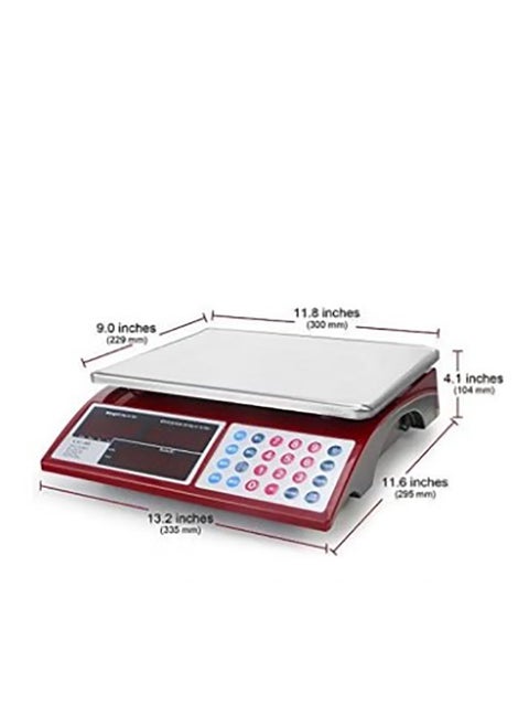 Electronic scale from Camry Company for measuring weight and showing the price according to the weight  It measures from 200grams to 30kilograms  It has a large size and a built in 4volt/4amp rechargeable battery with automatic power saving mode