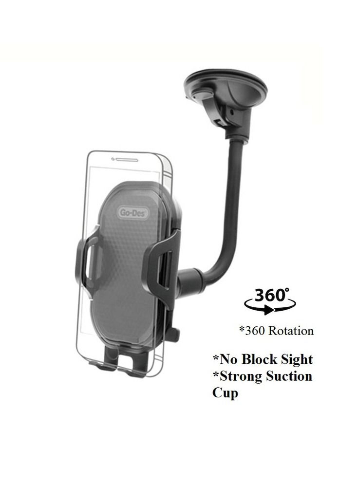 GO-DES Flexible Arm Windshield Car Holder 360 Rotation Mobile Stand Black - Image 2