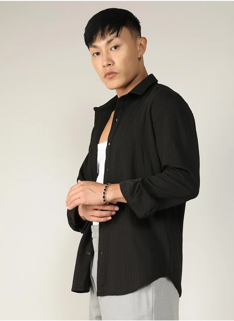 Campus Sutra Men's Onyx Black Stripe-Creased Shirt
