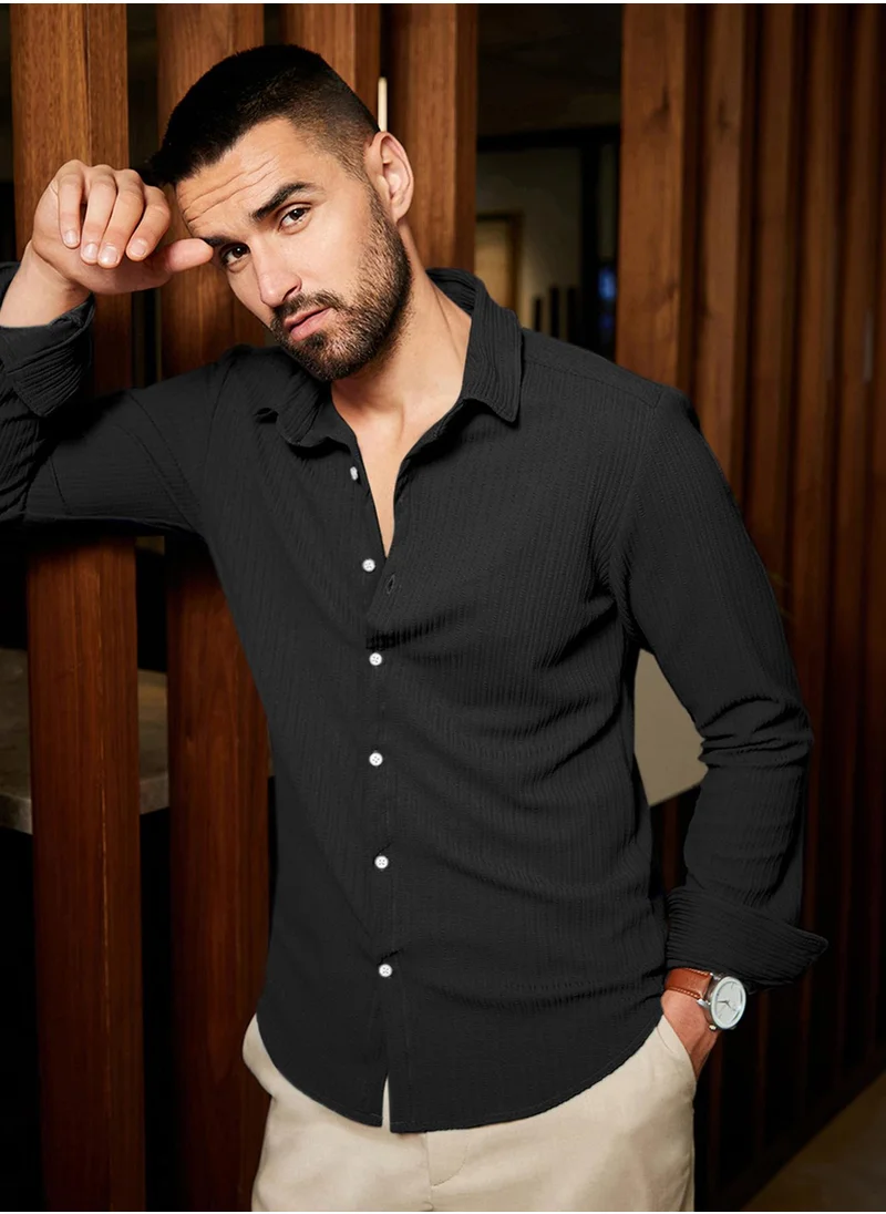 Campus Sutra Men's Onyx Black Stripe-Creased Shirt