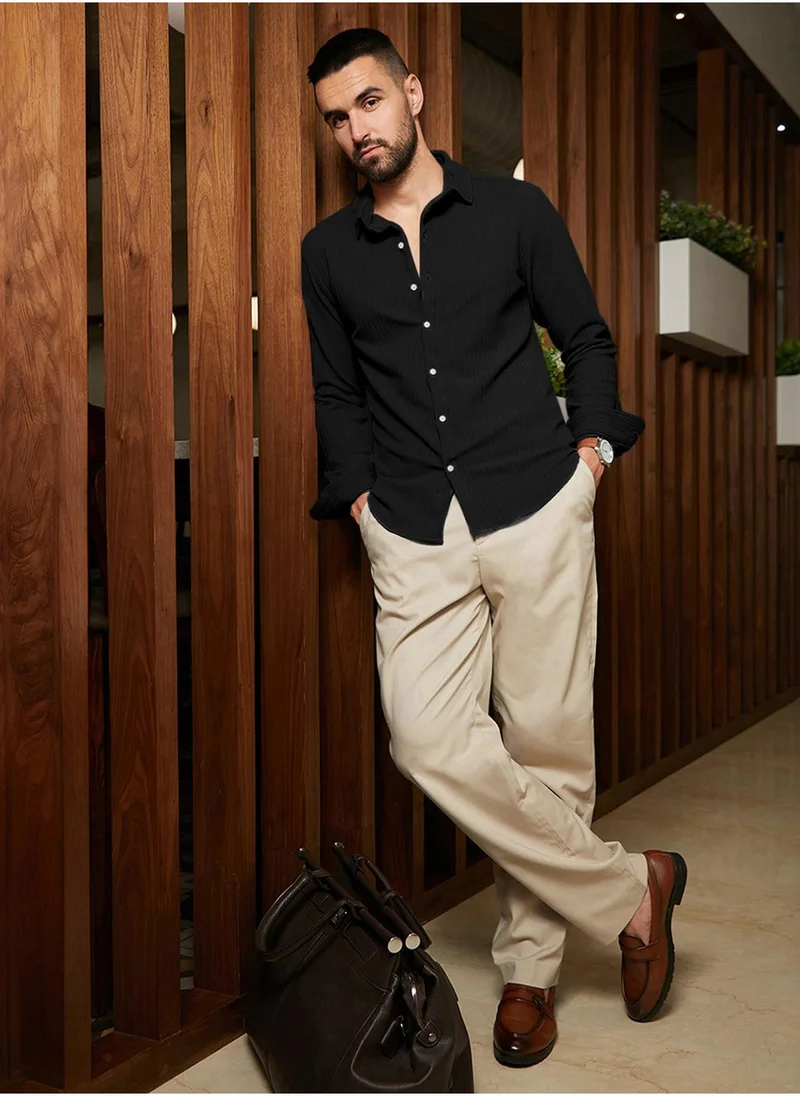 Campus Sutra Men's Onyx Black Stripe-Creased Shirt