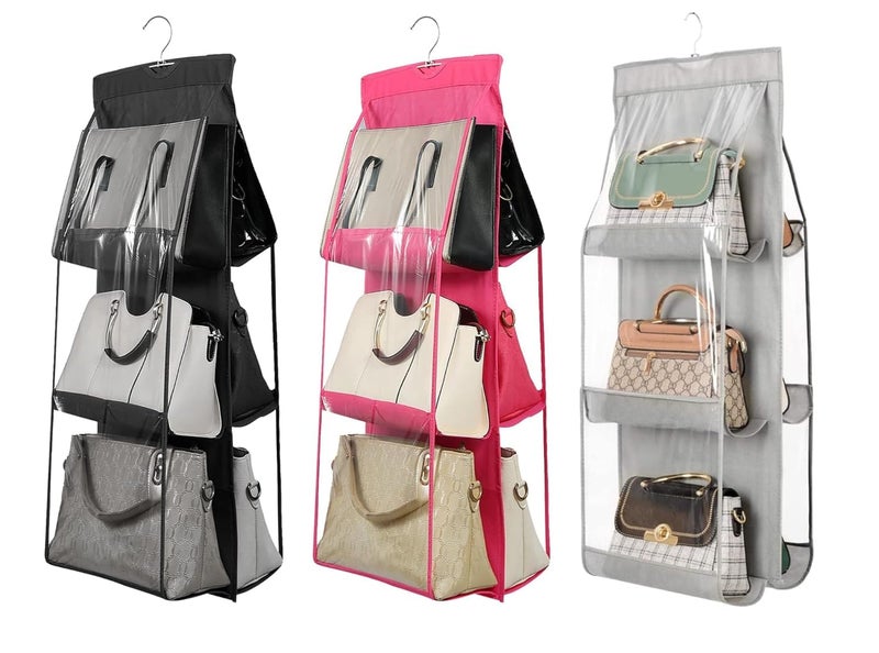 Drumil 3 Pcs 6 Pockets Hanging Purse Handbag Organizer Clear Hanging Shelf Bag Collection Storage Holder Purse Bag Wardrobe Closet Space Saving Organizers  - Image 4