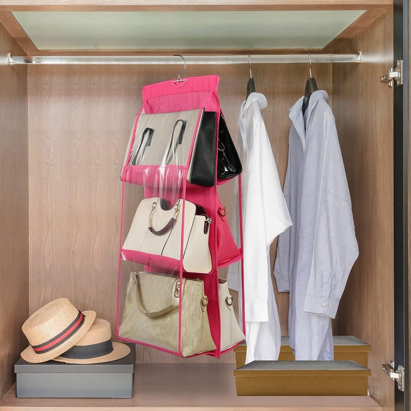 Drumil 3 Pcs 6 Pockets Hanging Purse Handbag Organizer Clear Hanging Shelf Bag Collection Storage Holder Purse Bag Wardrobe Closet Space Saving Organizers  - Image 2