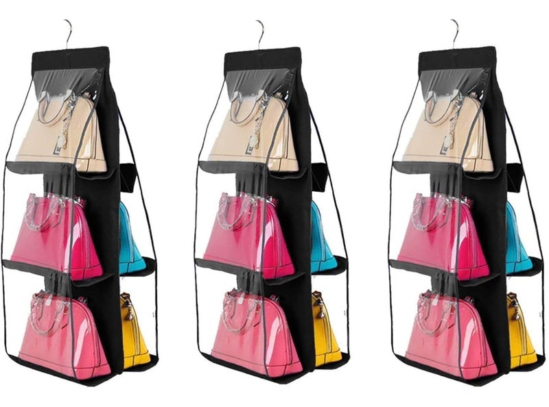 Drumil 3 Pcs 6 Pockets Hanging Purse Handbag Organizer Clear Hanging Shelf Bag Collection Storage Holder Purse Bag Wardrobe Closet Space Saving Organizers  - Image 1