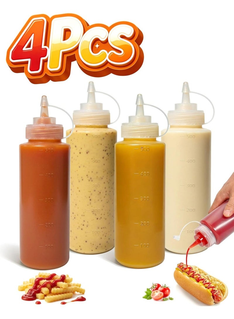 YOUGE 4Pcs Plastic Squeeze Sauce Bottles, Durable Squeeze Bottles Squirt Bottle with Discrete Measurements, Reusable Squeeze Condiment Bottles Dispensers Suitable for Ketchup, BBQ, Sauces, Syrup, Condiments, Dressings, Arts and Crafts Oil Dispensers - Image 1