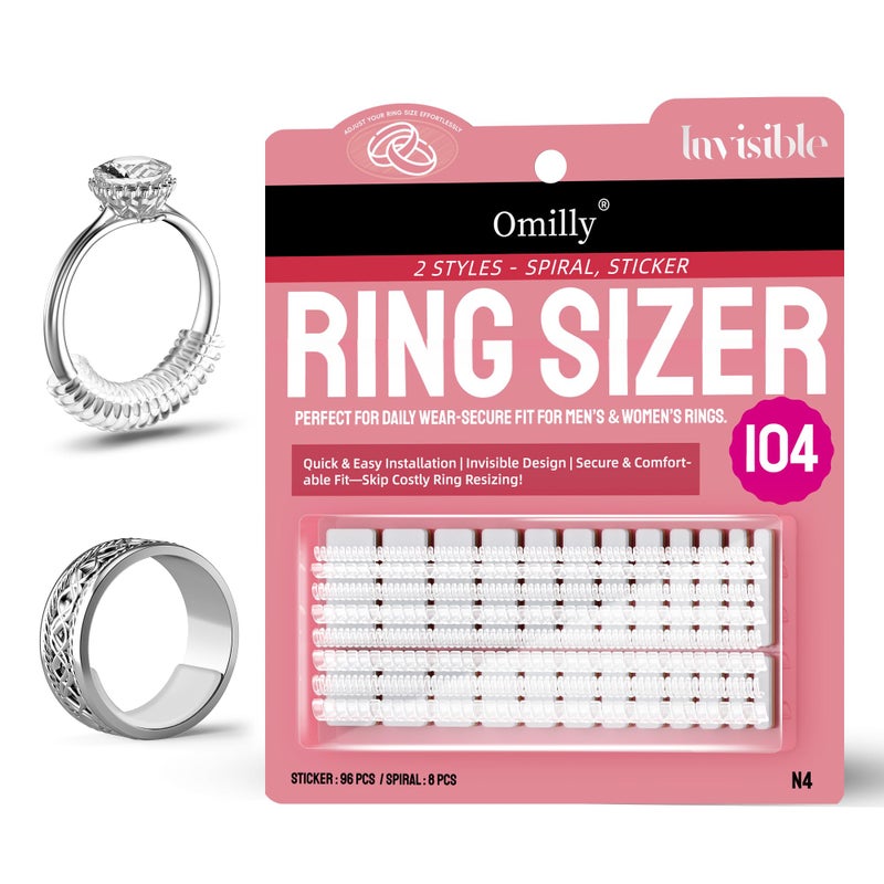 Omilly Silicone Ring Size Adjuster for Loose Rings, 104-Piece Invisible Ring Guard Kit with 2 Styles (Spiral Coils & Sizing Strips) for Women & Men, Reusable Resizer Fits 1-10mm Width - Image 1
