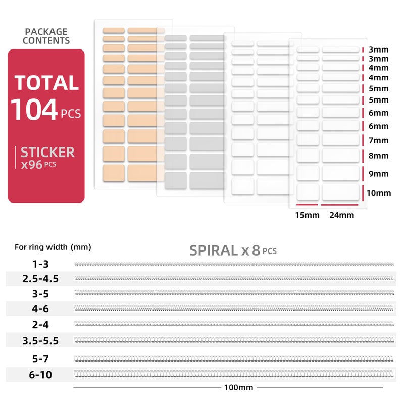 Omilly Silicone Ring Size Adjuster for Loose Rings, 104-Piece Invisible Ring Guard Kit with 2 Styles (Spiral Coils & Sizing Strips) for Women & Men, Reusable Resizer Fits 1-10mm Width - Image 3