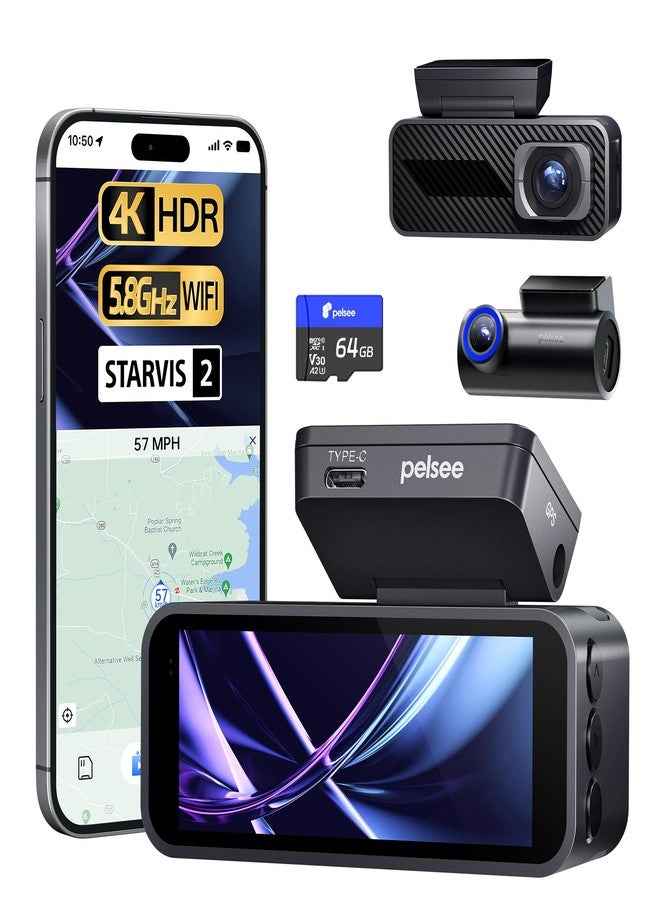 كاميرا بيلسي P1 برو الأمامية والخلفية للسيارة، مزودة بمستشعر STARVIS 2، وكاميرا مزدوجة بدقة 4K للسيارات مع رؤية ليلية ملونة بالكامل، وتقنية HDR وWDR، ونظام مساعدة السائق المتقدم (ADAS)، ونظام تحديد المواقع العالمي (GPS)، وواي فاي، وتحكم صوتي، ووضع ركن السيارة على مدار 24 ساعة، وشاشة 3.39 بوصة، وبطاقة ذاكرة 64 جيجابايت. - Image 1