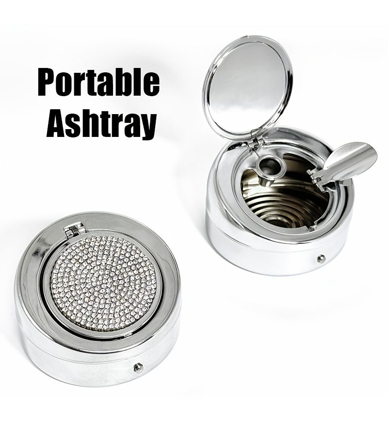 Silver Pop Up Lid Ashtray With Rhinestone Portable For Car - Image 1
