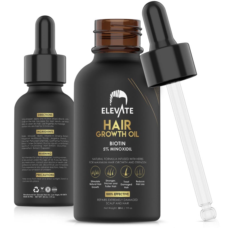 ELEVATE Hair Growth Oil  Biotin Serum  5 Minoxidil Treatment for Stronger Thicker Longer Hair  Natural Hair Growth Thickening Treatment  Stop Thinning  Hair Loss for Men  Women 1oz