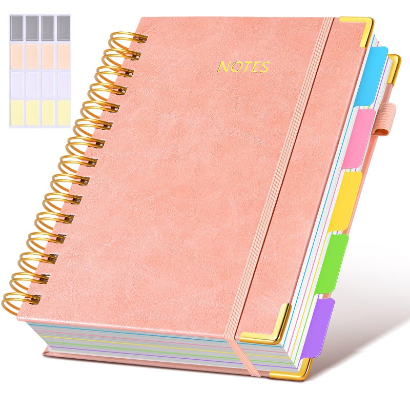 dilitego Hardcover Spiral Notebook journal with Removable Dividers Tabs, 300 Pages Leather 5 Subject Notebook College Ruled, 100GMS A5 Notebooks for Work School Note taking,Lined Journal for Women,A5-Pink - Image 1