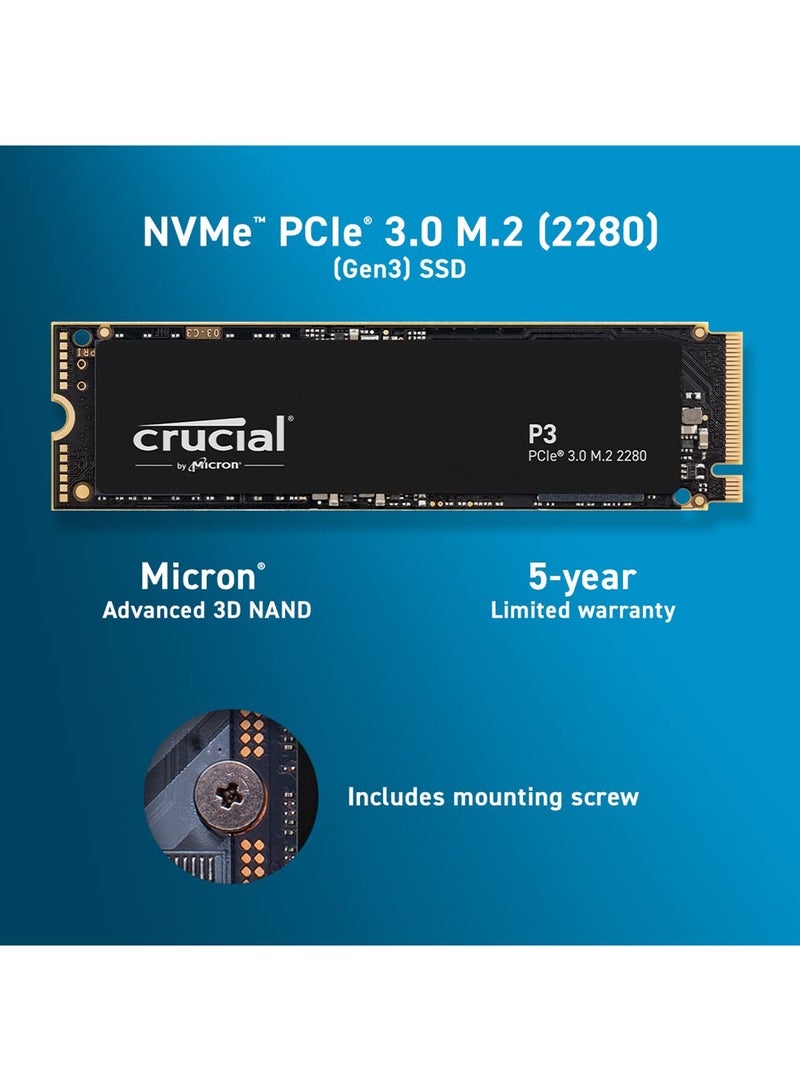كروشيال P3 1 تيرابايت CT1000P3SSD8 PCIe 3.0، 3D NAND، NVMe، M.2 SSD، حتى 3500 ميجابايت/ثانية، أسود 1 تيرابايت - Image 2