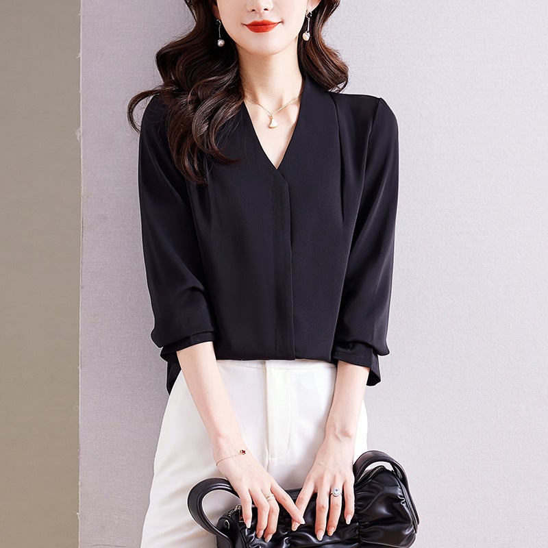Real Shot Autumn Workplace Style Light Mature V-Neck French Long-Sleeved Shirt Womens Professional High-Level Cross-Border Dress Women Black - Image 1