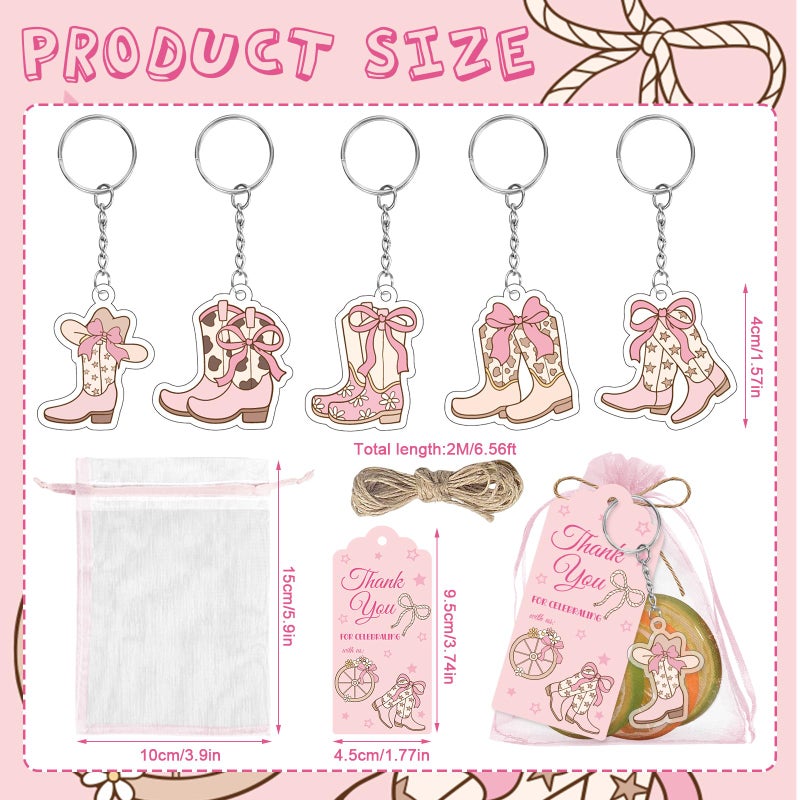 Stuffygreenus 50 Sets Western Cowgirl Party Favors Pink Coquette Cowgirl Boots Keychains with Thank You Tags and Organza Bags for Women Bachelorette Birthday Bridal Baby Shower Party Supplies - Image 2