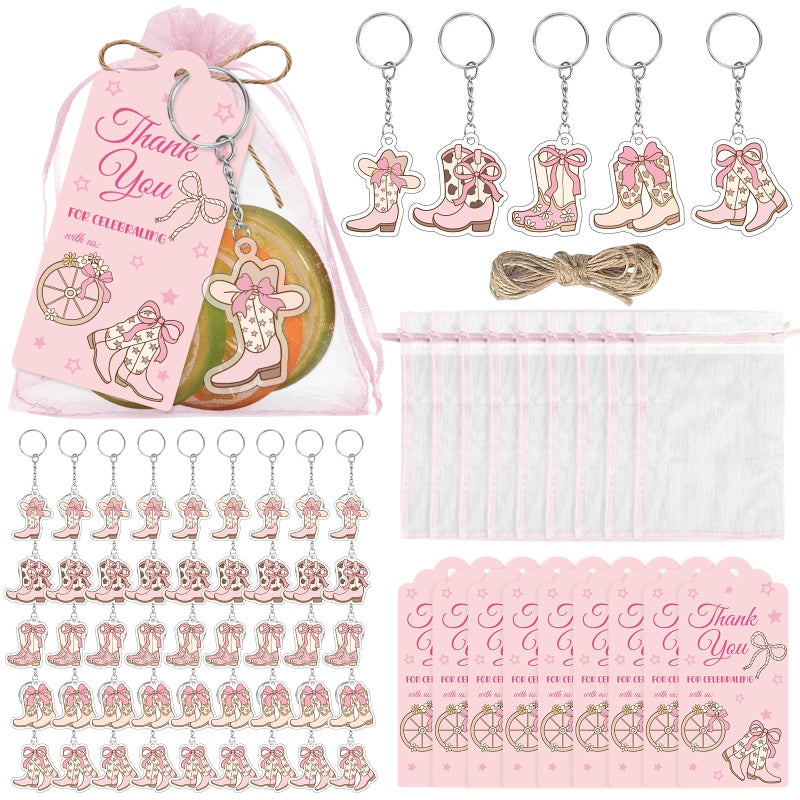 Stuffygreenus 50 Sets Western Cowgirl Party Favors Pink Coquette Cowgirl Boots Keychains with Thank You Tags and Organza Bags for Women Bachelorette Birthday Bridal Baby Shower Party Supplies - Image 1