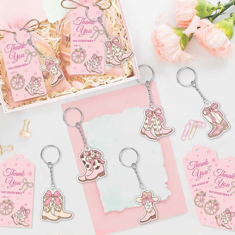 Stuffygreenus 50 Sets Western Cowgirl Party Favors Pink Coquette Cowgirl Boots Keychains with Thank You Tags and Organza Bags for Women Bachelorette Birthday Bridal Baby Shower Party Supplies - Image 5