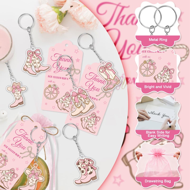Stuffygreenus 50 Sets Western Cowgirl Party Favors Pink Coquette Cowgirl Boots Keychains with Thank You Tags and Organza Bags for Women Bachelorette Birthday Bridal Baby Shower Party Supplies - Image 3