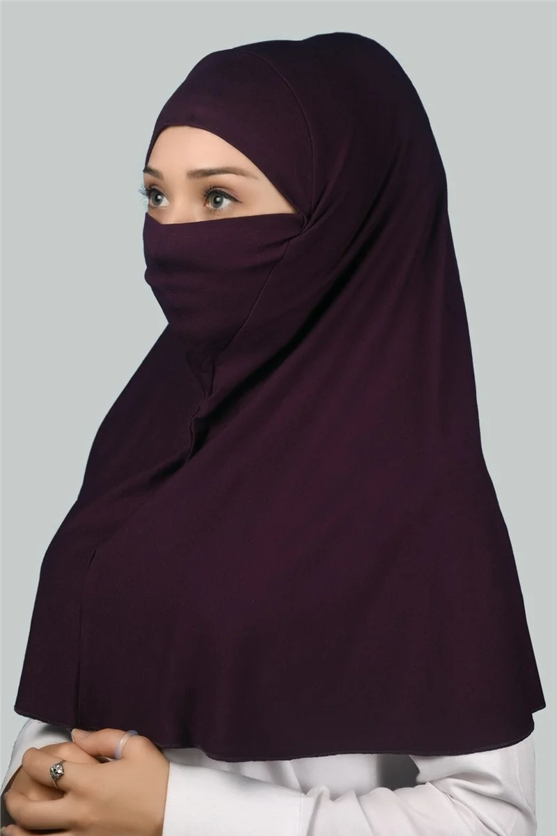 التوبة Ready-made Turban Practical Scarf with Veil Hijab with Nikap - Prayer Cover Soufflé (Xl) - Plum