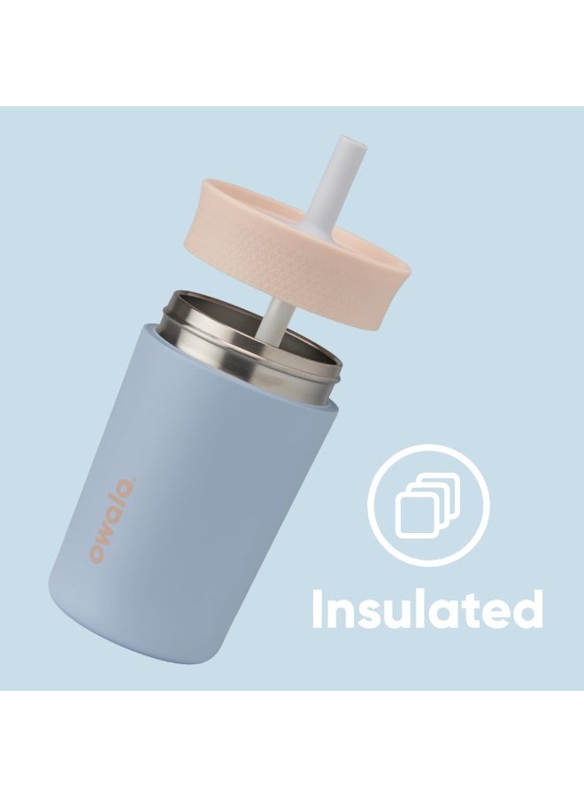 Owala كوب أولا للأطفال معزول من الفولاذ المقاوم للصدأ 12 أونصة مع قشة، كوب بغطاء مانع للتسرب مع غلاف سيليكون محمول زجاجة ماء رياضية للأطفال (بيج وأزرق) - Image 5