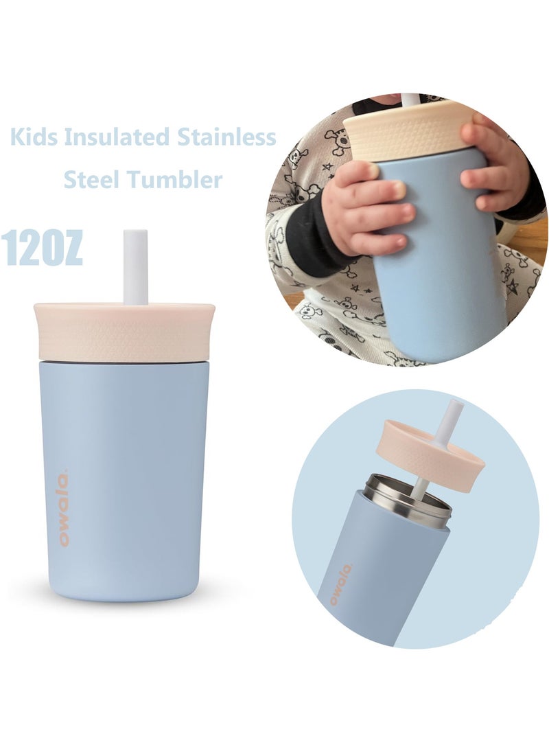Owala كوب أولا للأطفال معزول من الفولاذ المقاوم للصدأ 12 أونصة مع قشة، كوب بغطاء مانع للتسرب مع غلاف سيليكون محمول زجاجة ماء رياضية للأطفال (بيج وأزرق) - Image 2