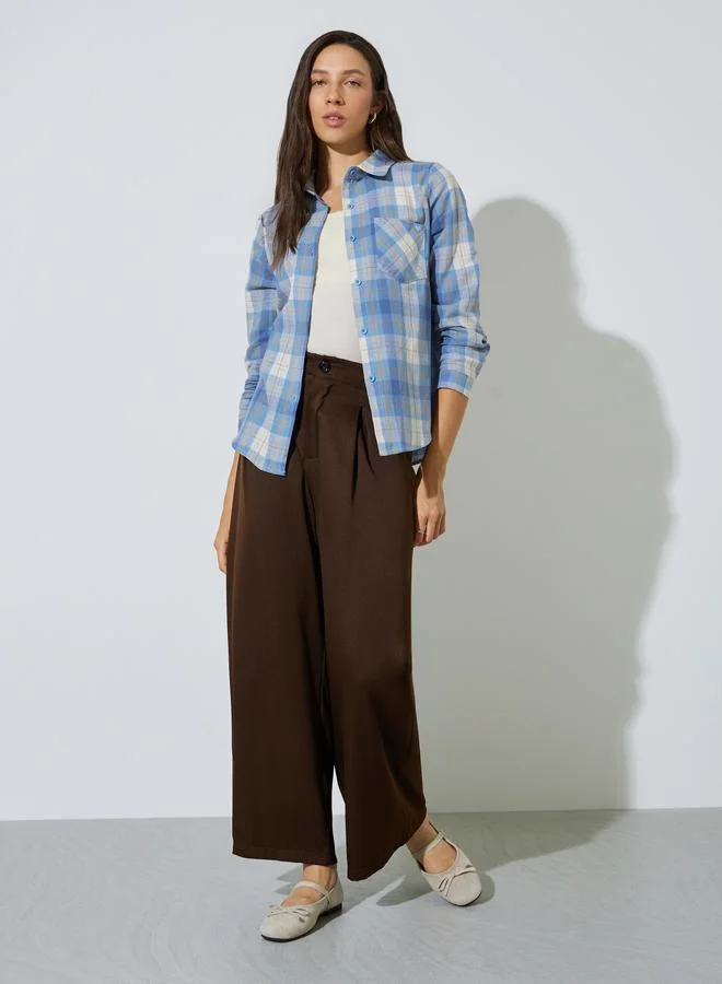 ستايلي Blue Plaid Long Sleeve Button-Up Shirt