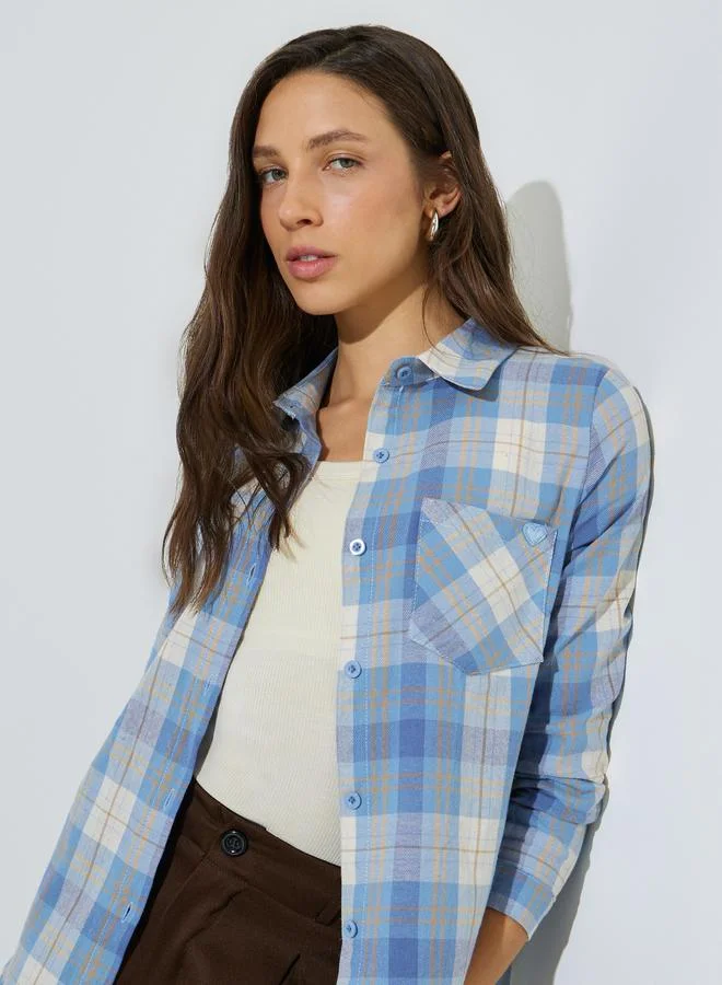 ستايلي Blue Plaid Long Sleeve Button-Up Shirt