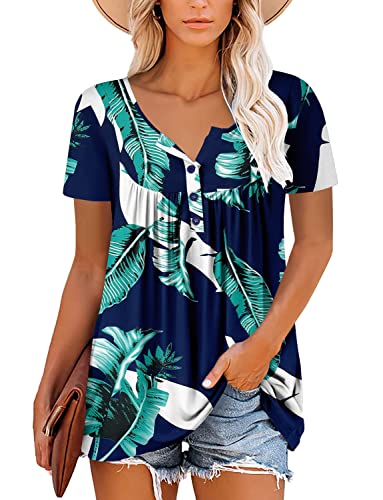 ROSELINLIN Women Tops Blue Short Sleeve Summer Shirts Green Leaves V Neck Blouse Button Up Shirts XL - Image 2
