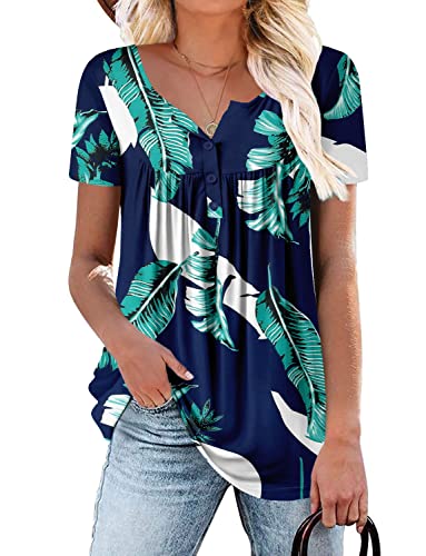 ROSELINLIN Women Tops Blue Short Sleeve Summer Shirts Green Leaves V Neck Blouse Button Up Shirts XL - Image 1