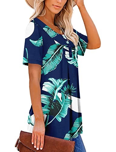 ROSELINLIN Women Tops Blue Short Sleeve Summer Shirts Green Leaves V Neck Blouse Button Up Shirts XL - Image 3