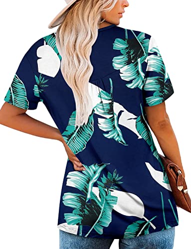 ROSELINLIN Women Tops Blue Short Sleeve Summer Shirts Green Leaves V Neck Blouse Button Up Shirts XL - Image 4