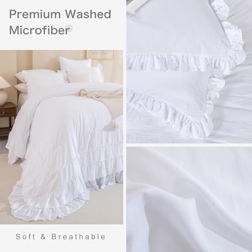 Masaca White Oversized King Comforter Set 120x120,Farmhouse Shabby Boho Chic Ruffle California King Bed Comforter Set French Country Rustic Bedding 3PCS (1 Ruffled Comforter+2 Pillow Shams) - Image 4