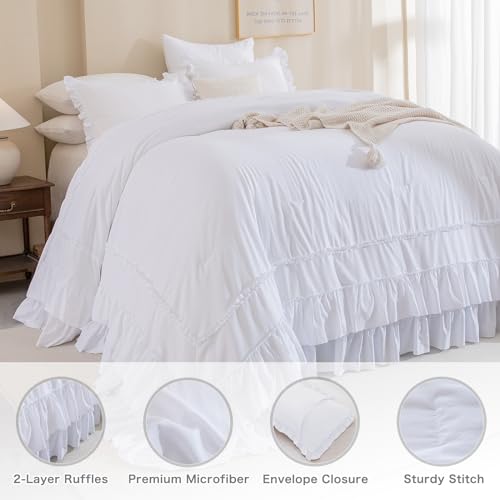 Masaca White Oversized King Comforter Set 120x120,Farmhouse Shabby Boho Chic Ruffle California King Bed Comforter Set French Country Rustic Bedding 3PCS (1 Ruffled Comforter+2 Pillow Shams) - Image 2