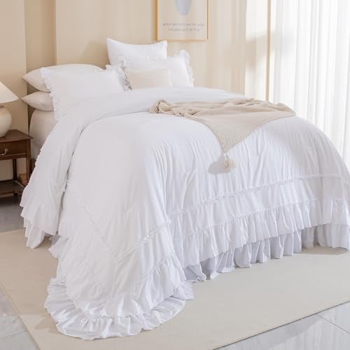 Masaca White Oversized King Comforter Set 120x120,Farmhouse Shabby Boho Chic Ruffle California King Bed Comforter Set French Country Rustic Bedding 3PCS (1 Ruffled Comforter+2 Pillow Shams) - Image 1