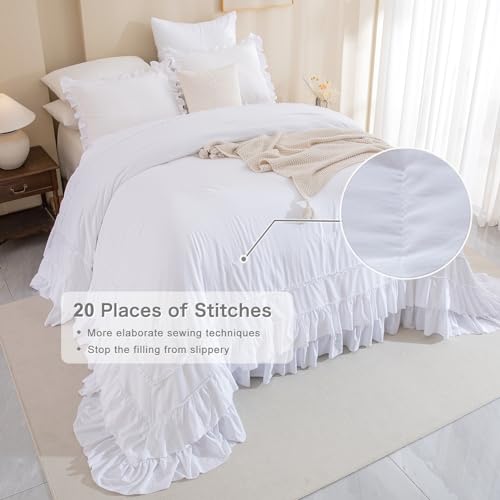 Masaca White Oversized King Comforter Set 120x120,Farmhouse Shabby Boho Chic Ruffle California King Bed Comforter Set French Country Rustic Bedding 3PCS (1 Ruffled Comforter+2 Pillow Shams) - Image 5