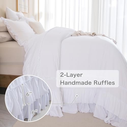 Masaca White Oversized King Comforter Set 120x120,Farmhouse Shabby Boho Chic Ruffle California King Bed Comforter Set French Country Rustic Bedding 3PCS (1 Ruffled Comforter+2 Pillow Shams) - Image 3