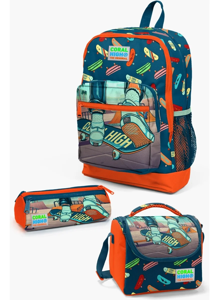 CORAL HIGH Kids Civit Neon Orange Skateboard Patterned 3-Piece School Bag Set SET0123723