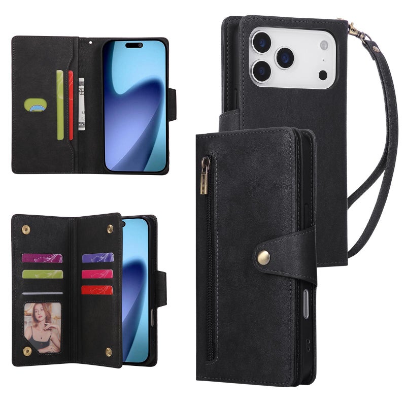 erorex For iPhone 17 Pro Max Rivet Buckle 9 Cards Three Fold Leather Phone Case(Black) - Image 1