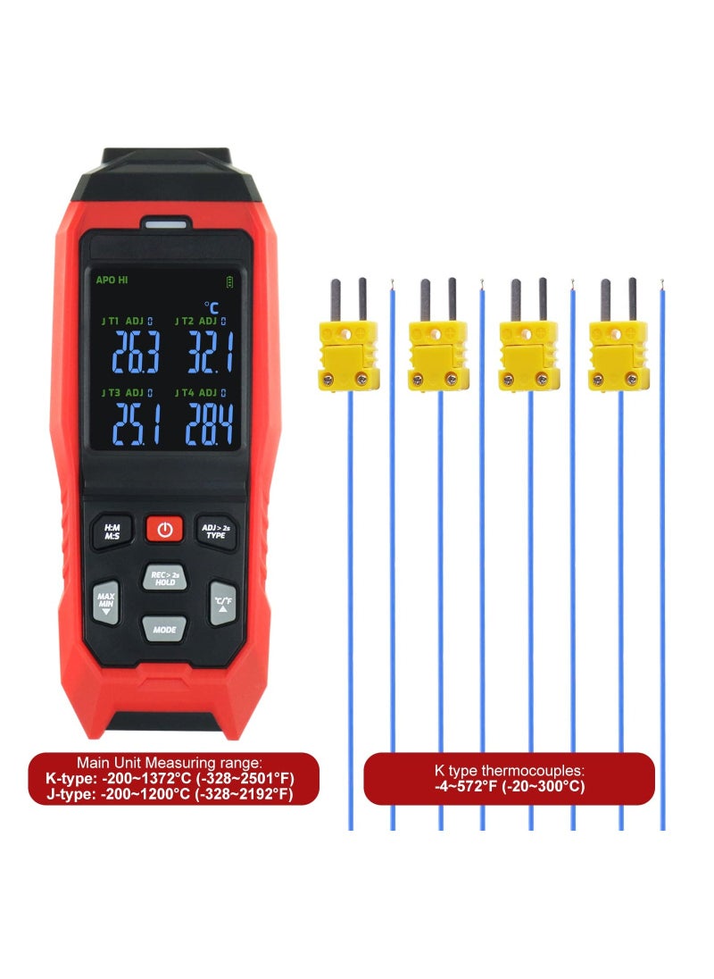 Generic - Thermocouple Thermometer Data Logger 4 Channels Digital K Type Thermometer with 5000 Groups Programmable Temperature Recording -328~2501℉ Measuring Range, Audible & Visible Alarm ADJ Compensation - Image 1
