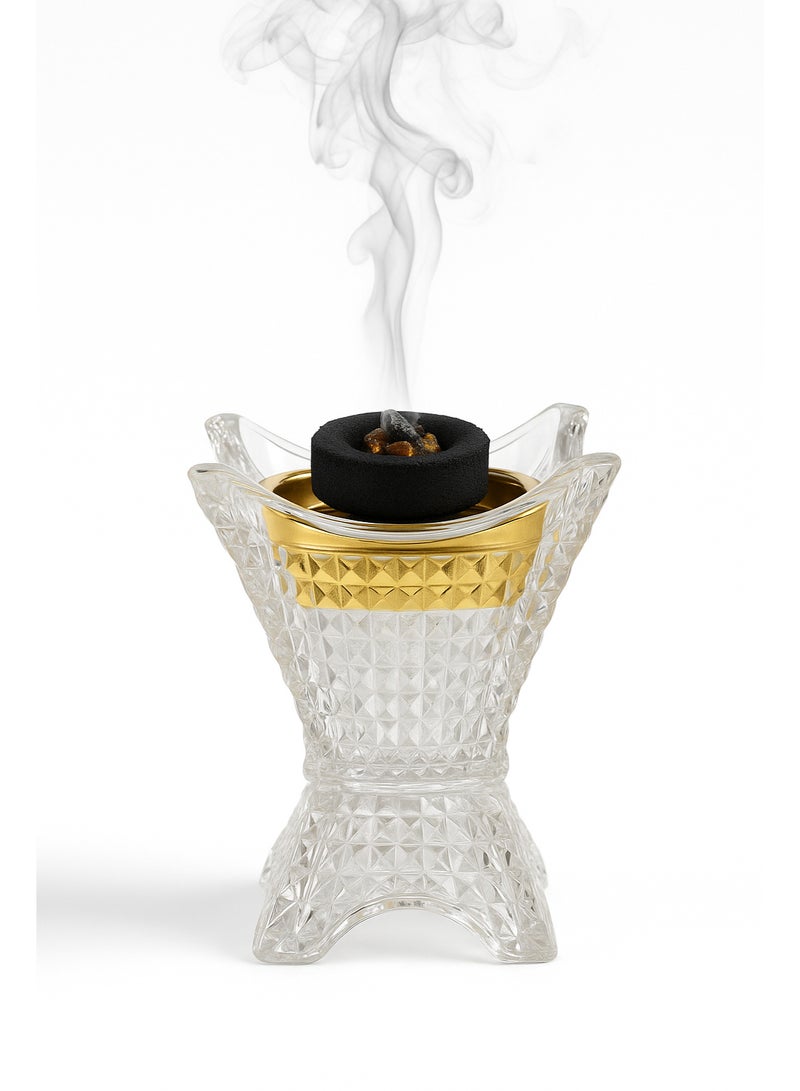 SAQOWARE Alsaqer Crystal Glass Bakhoor Burner | Oud burner | Incense Bakhoor Charcoal Burner | Frankincense Burner | Madkhan | Mabkhara | Bakhoor Gold Incense Burner (Clear) - Image 2