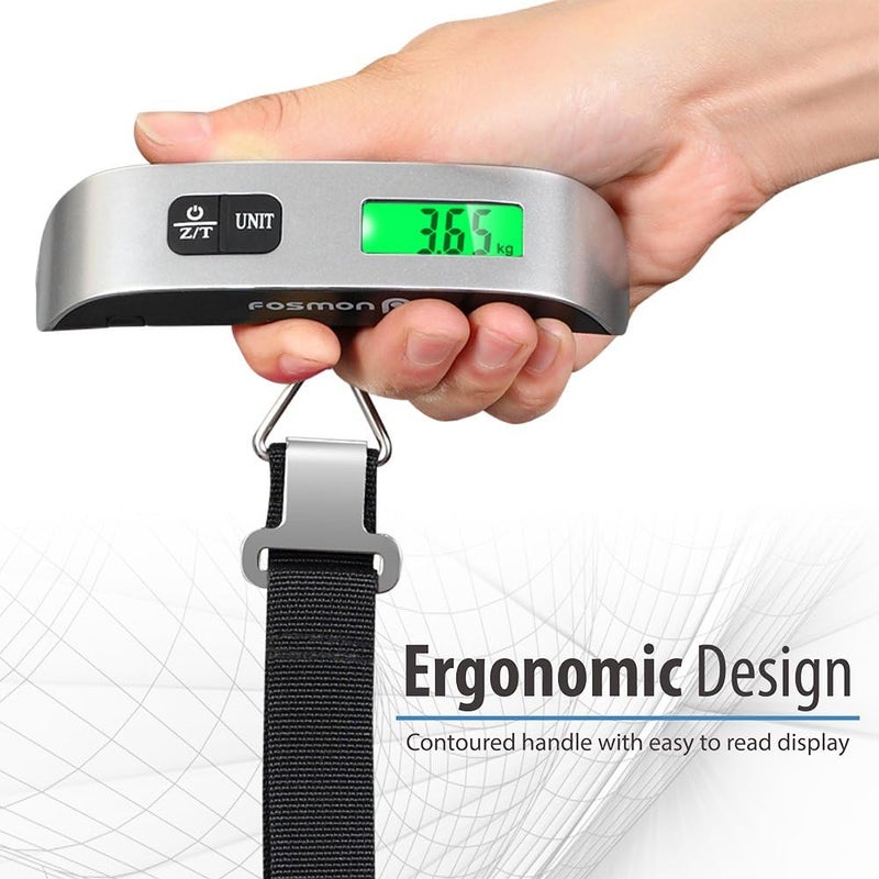 Fosmon ميزان أمتعة رقمي (عبوة 2)، شاشة LCD مع إضاءة خلفية وميزان حرارة بسعة 110 رطل، ميزان أمتعة محمول من الفولاذ المقاوم للصدأ مع وظيفة الطي للمسافرين - فضي - Image 3