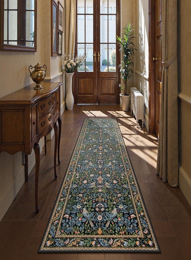 Morebes Boho Floral Washable Hallway Runner Rug 8ft Non Slip, Soft Flowers 2.5x8 Bathroom Rug Runner, Botanical Birds Ultra Thin Indoor Floor Carpet for Kitchen Laundry Bathroom, Navy Blue - Image 2