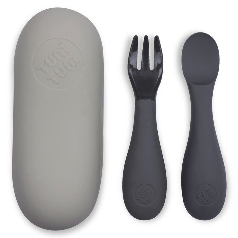 Tum Tum Baby Cutlery With Case  Baby Spoon & Fork Set  Baby Cutlery For Babies  First Self Feeding Cutlery  Silicone Baby Spoon & Fork  6 Months Plus  (Grey) - Image 1
