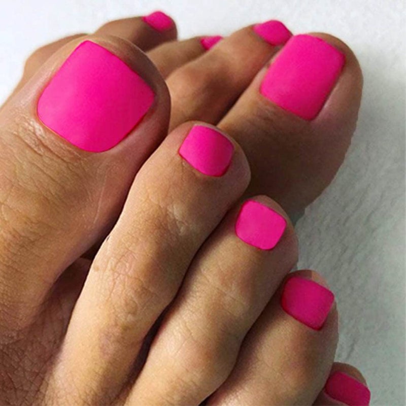 Outyua Hot Pink Press on Toenails Matte Short Fake Toe Nails Acrylic False Toesnail Square Cute Pressons Toenail Artificial Beach Full Cover Feet Nail for Women 24 Pcs Hot Pink