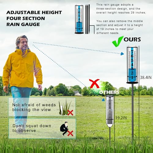 Asenron Rain Gauge Outdoor, Freeze Proof Rain Gauges Outdoors Best Rated, Upgraded Accurate Rain Measure Gauge for Yard, Thickened Plastic Rain Meter with Stake, Large Font Water Gauge, Adjustable Height - Image 3