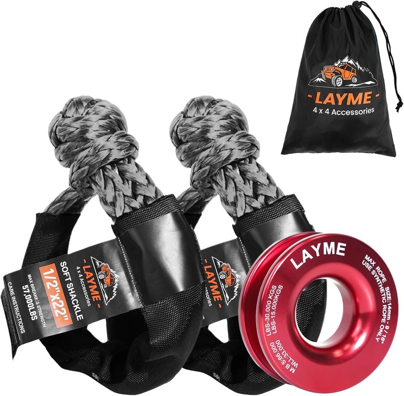 LAYME 2-Pack Soft Shackle Recovery Kit with Red Ring, 1/2 Inch x 22 Inch - 57,000 Lbs Breaking Strength, Synthetic Rope Shackles for Off-Road Vehicle Recovery of Truck, SUV, UTV, ATV (Grey) - Image 1