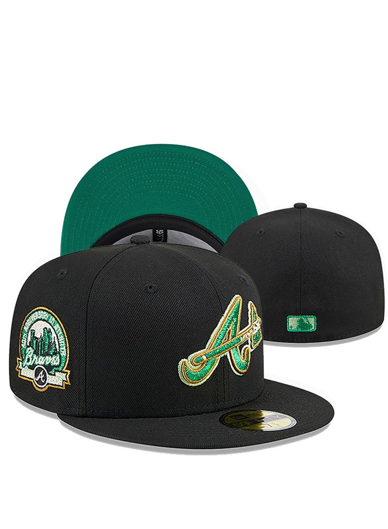 NEW ERA Atlanta Braves Black Fitted Hat - Green Logo Embroidery-61.5cm 