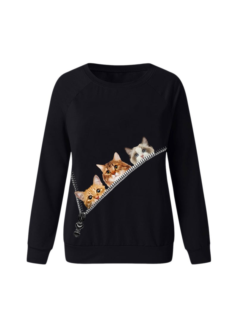 Generic - Cat Animal Pattern Printed Long Sleeve round Neck Sweatshirt Street Style Loose Fit Polyester Fiber Womens Hoodie Green - Image 1