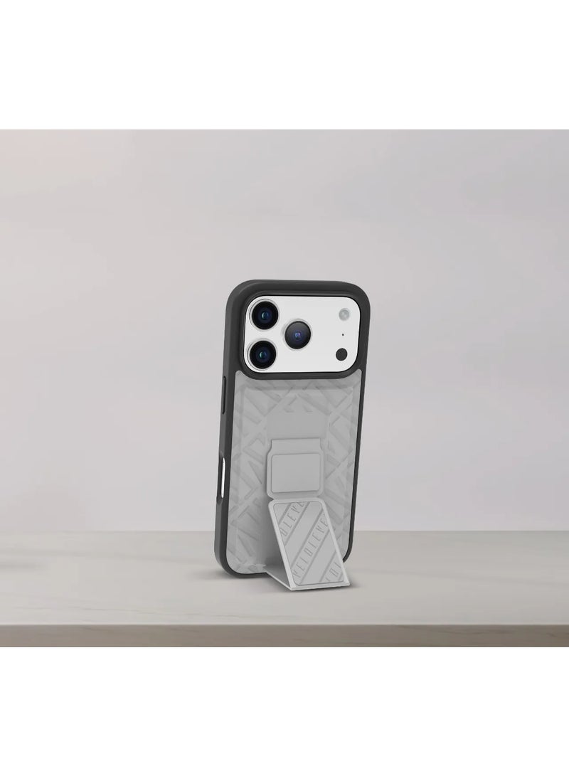 LEVELO iPhone 17 Pro Max Case Morphix Cuero Gripstand With Magnetic Strap For Secure Hold & Horizontal & Vertical Stand / Raised Edges / One-Hand Grip / Shock-Resistant Bumper / Luxury Printed Branding Back Cover / Slim Fit Design - Cloud Grey - Image 2