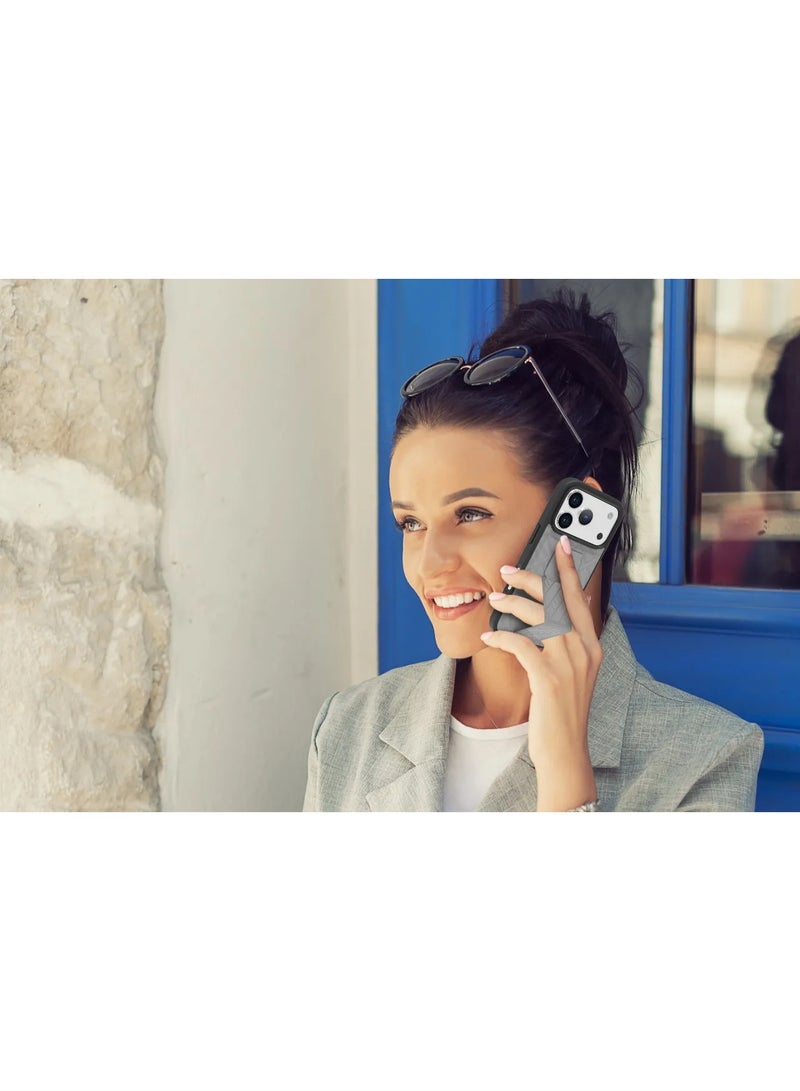 LEVELO iPhone 17 Pro Max Case Morphix Cuero Gripstand With Magnetic Strap For Secure Hold & Horizontal & Vertical Stand / Raised Edges / One-Hand Grip / Shock-Resistant Bumper / Luxury Printed Branding Back Cover / Slim Fit Design - Cloud Grey - Image 5